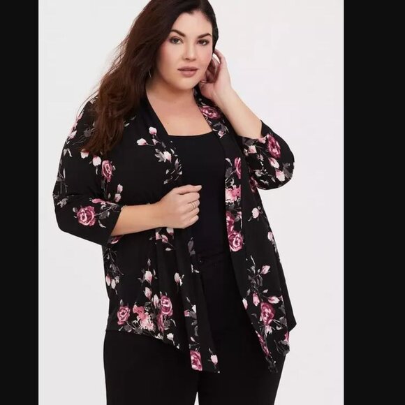 Torrid Sz 2 Open Front Cardigan Womens 2X Black Floral Plus Drape Jacket P11X - Picture 1 of 7